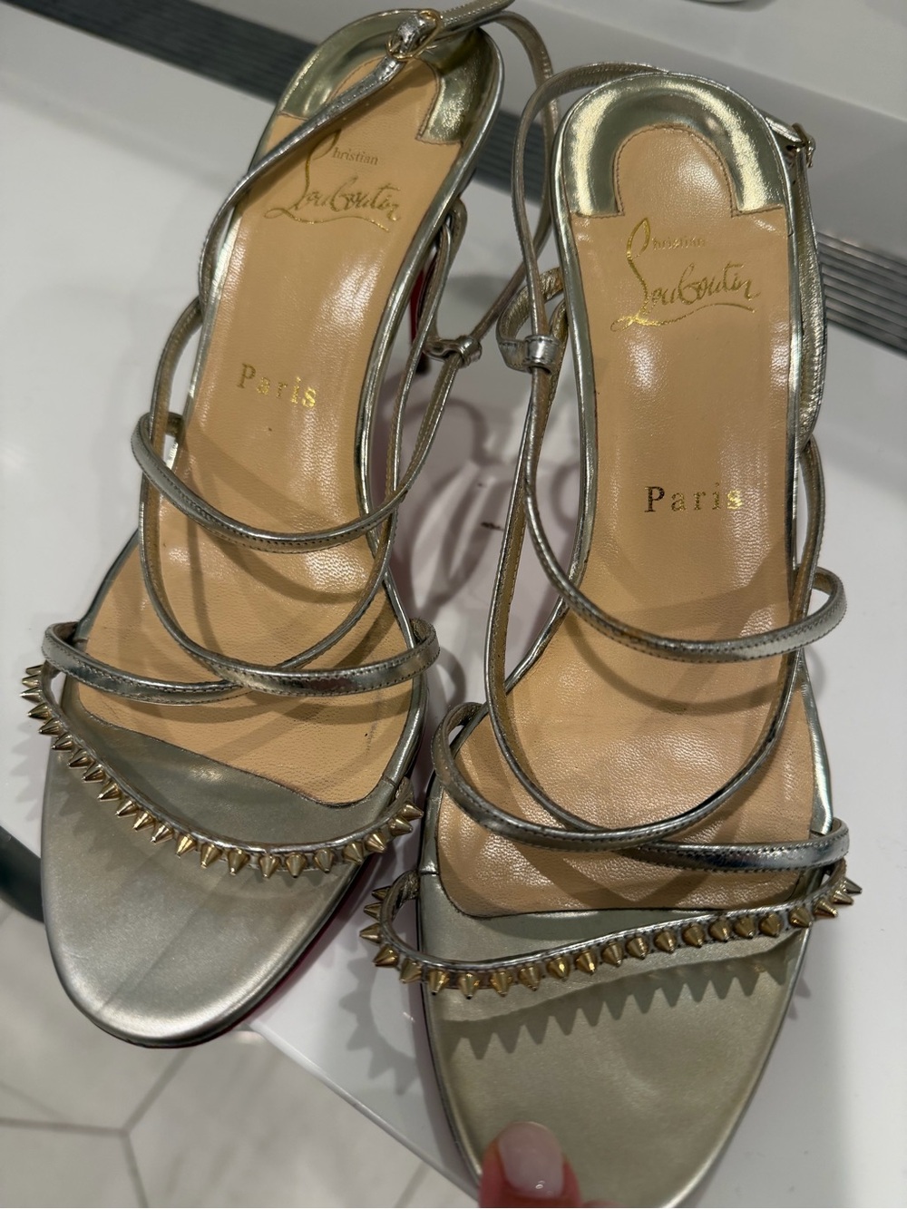 Christian Louboutin Silver Metallic Strappy Spike Sandals